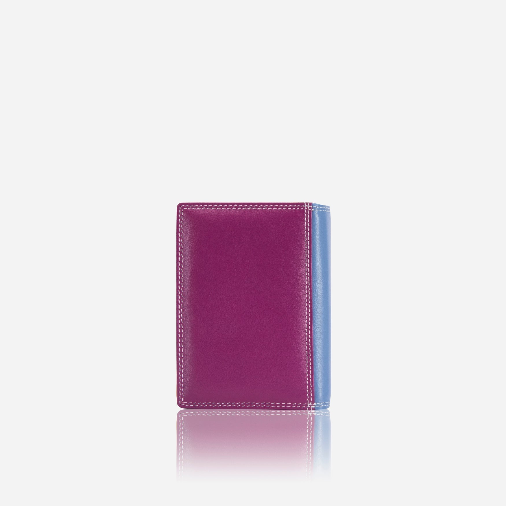 Compact Caribbean leather purse in magenta with pale blue trim, front view