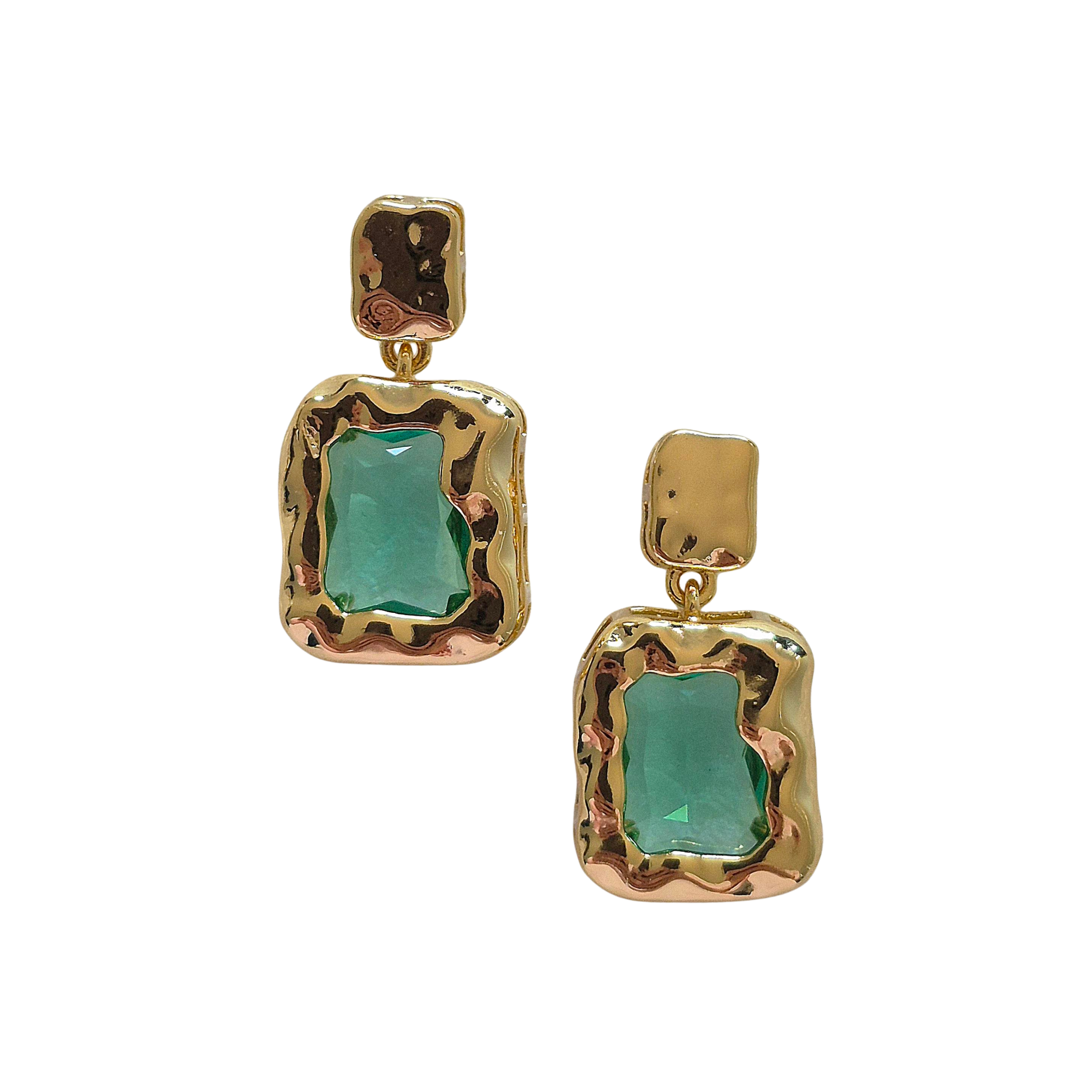Pair of drop earrings with green rectangular crystals set in hammered gold-tone frames.