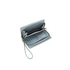 The pale blue wallet unzipped, showing card slots, a clear window and a zipped inner pocket.