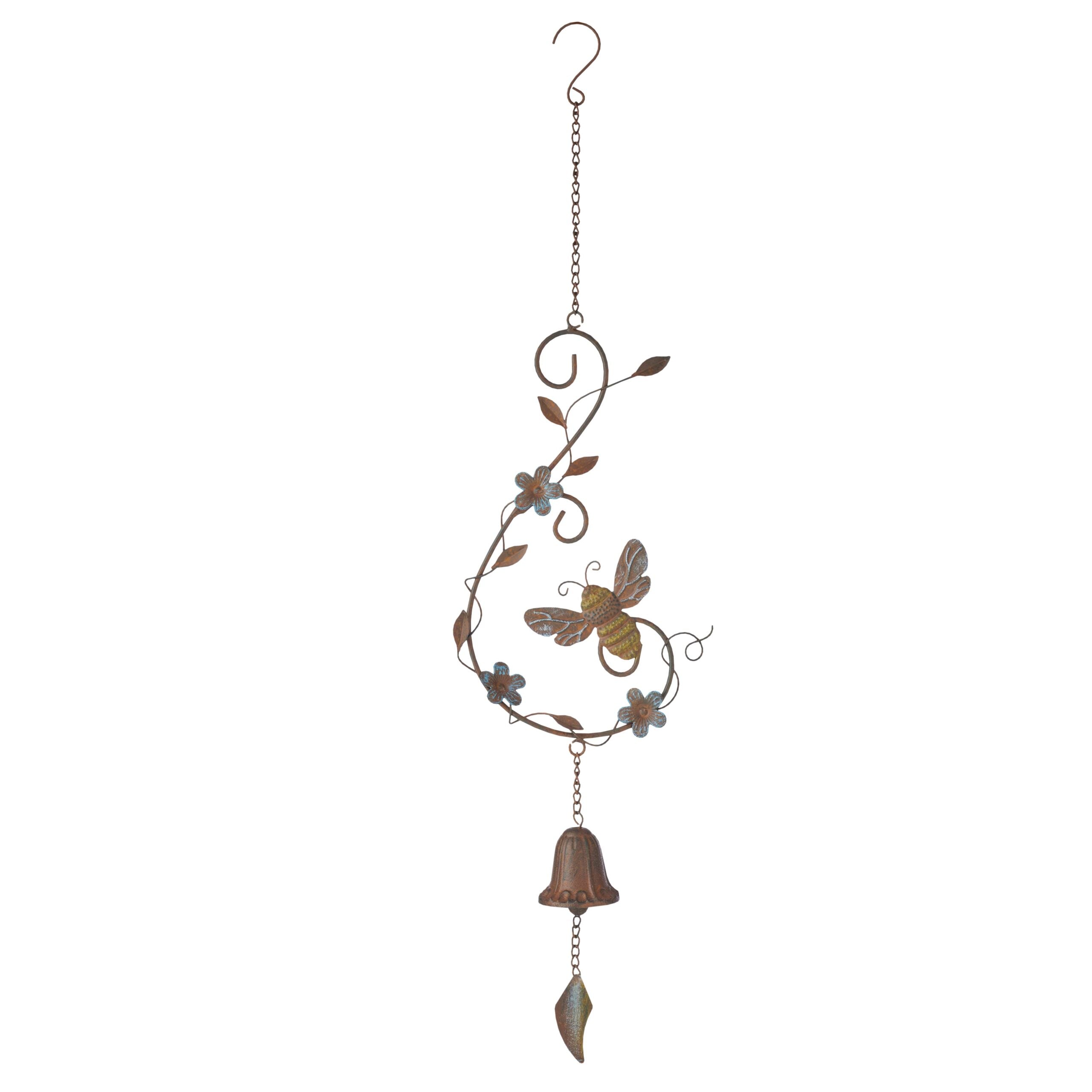 Rustic metal hanging ornament with a curling stem of leaves and flowers, a bee at its centre and a small bell with a leaf clapper swinging below.