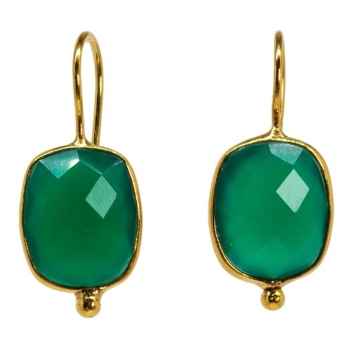Euro Gold hook earrings with faceted deep green onyx oblong gems and a gold ball drop