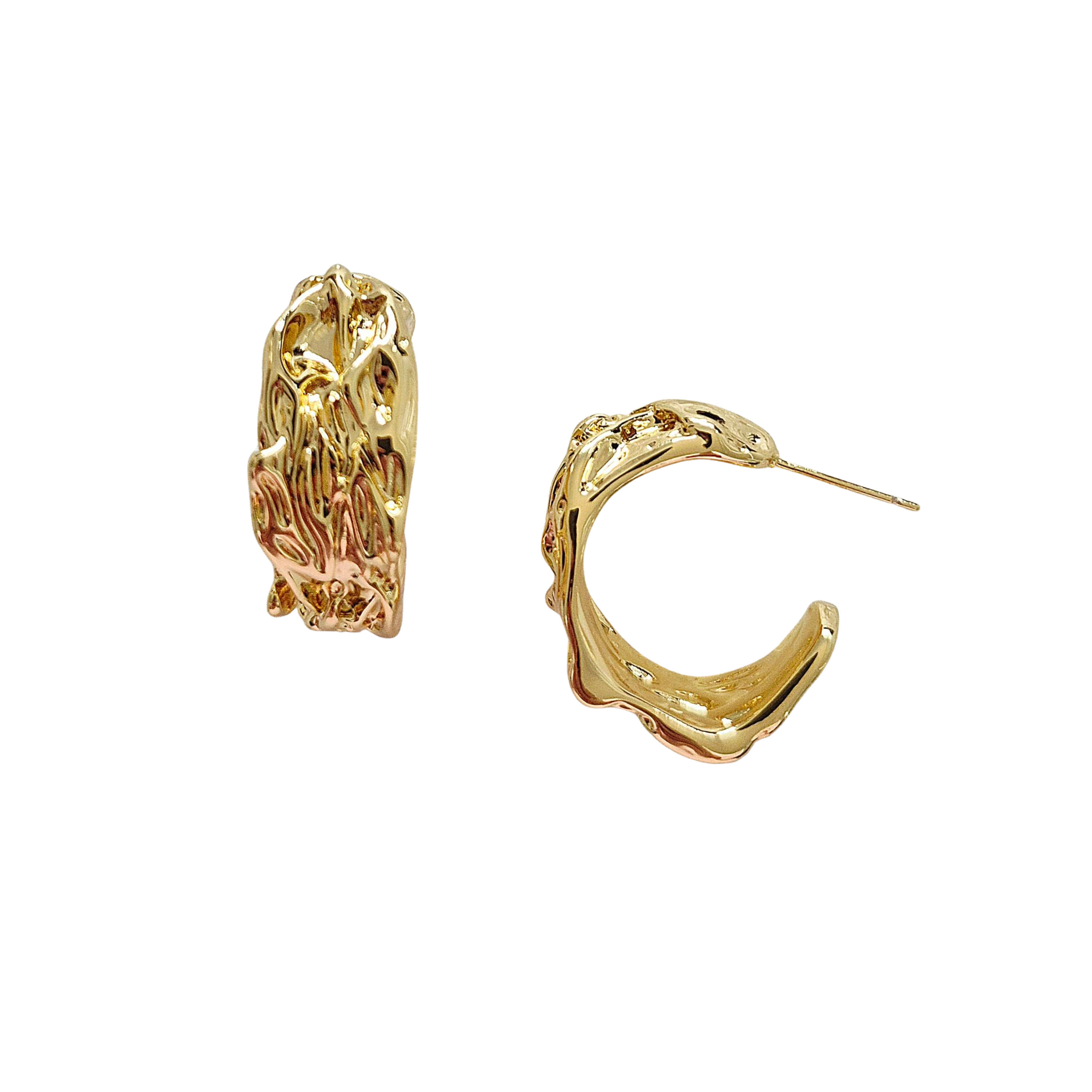 Pair of thick gold-tone hoop earrings with a hammered, textured surface, shown from the front and side.