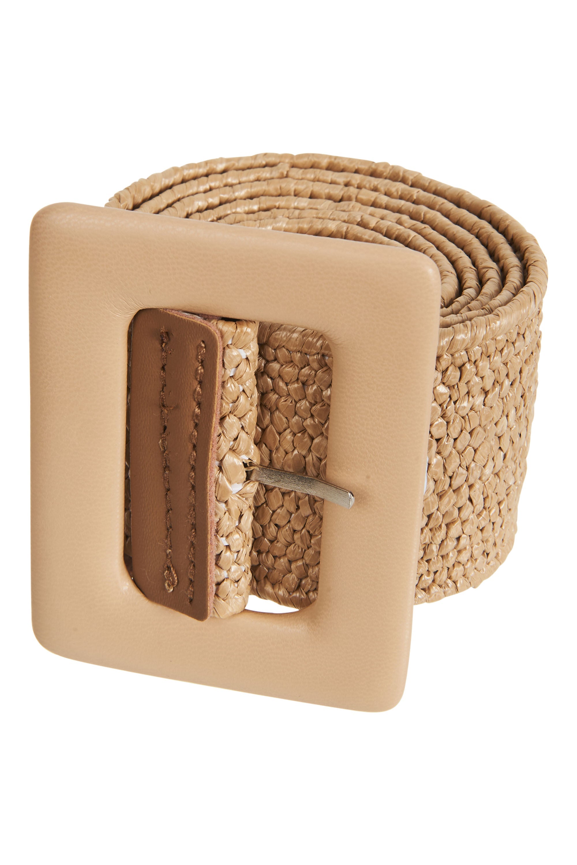 Staple belt in Camel: a coiled woven tan band with a large square pale tan buckle and a brown tab