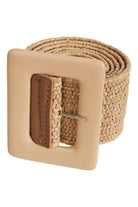 Staple belt in Camel: a coiled woven tan band with a large square pale tan buckle and a brown tab