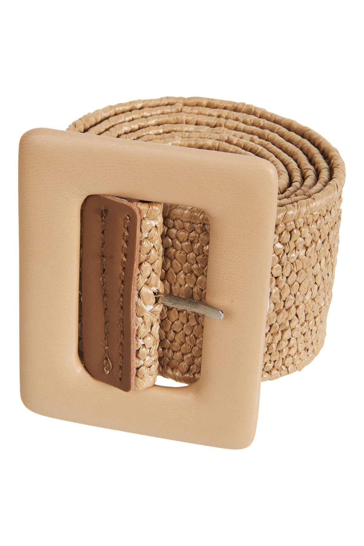 Staple belt in Camel: a coiled woven tan band with a large square pale tan buckle and a brown tab