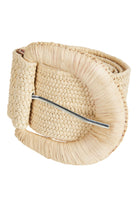 Staple belt in Ivory: a coiled pale woven band with a rounded buckle wrapped in straw-look strands