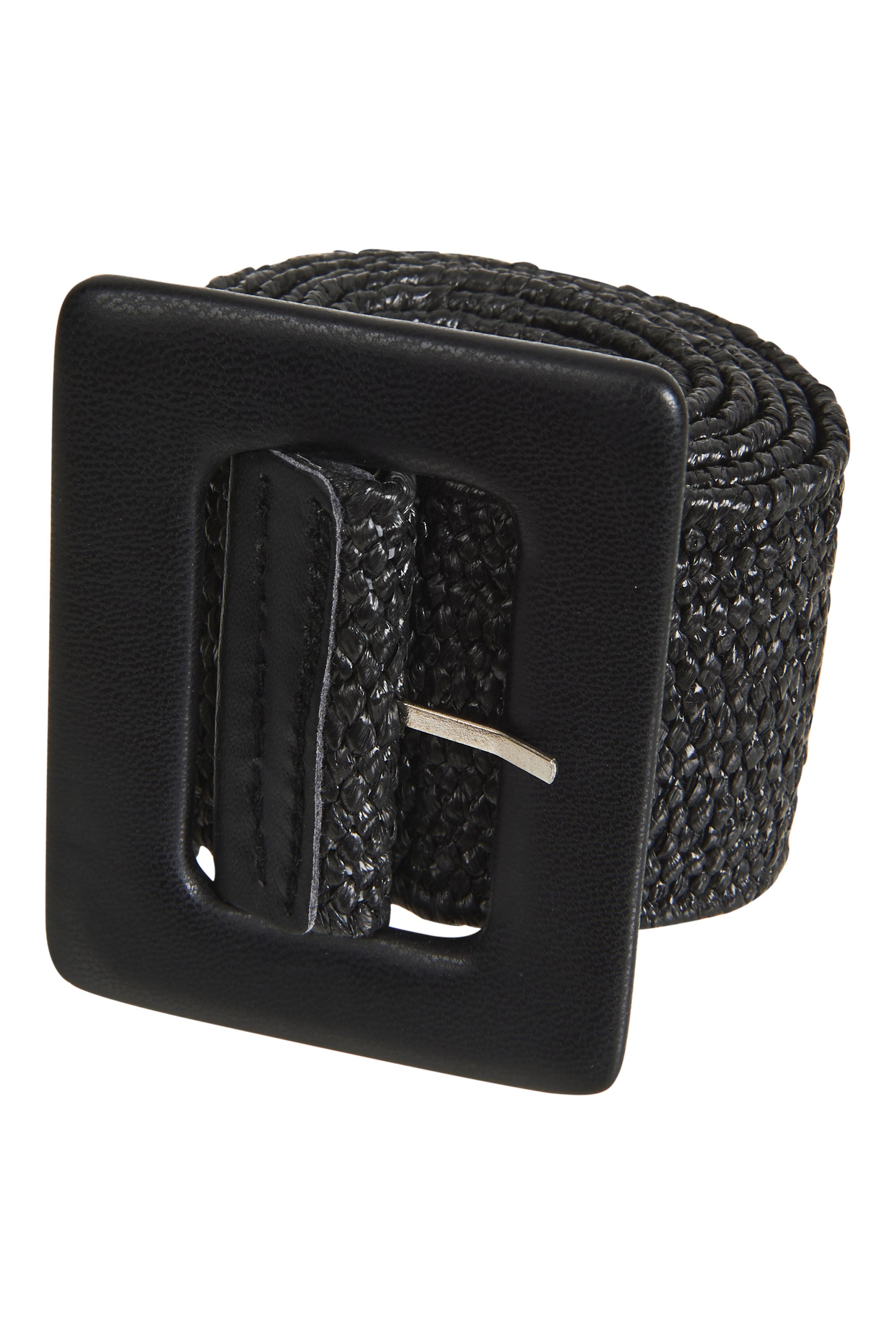 Staple belt in Sable: a coiled black woven band with a large square black buckle and tab