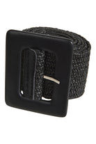 Staple belt in Sable: a coiled black woven band with a large square black buckle and tab