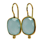 Euro Gold hook earrings with faceted pale aqua chalcedony gems and gold ball drops