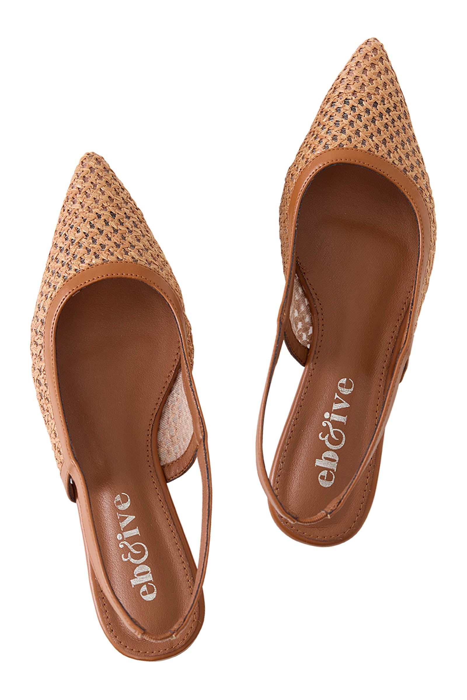 Pair of Alcazar Sandals: woven rattan-look slingback flats, tan trim