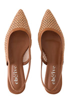 Top view of the caramel woven pointed-toe Alcazar slingbacks