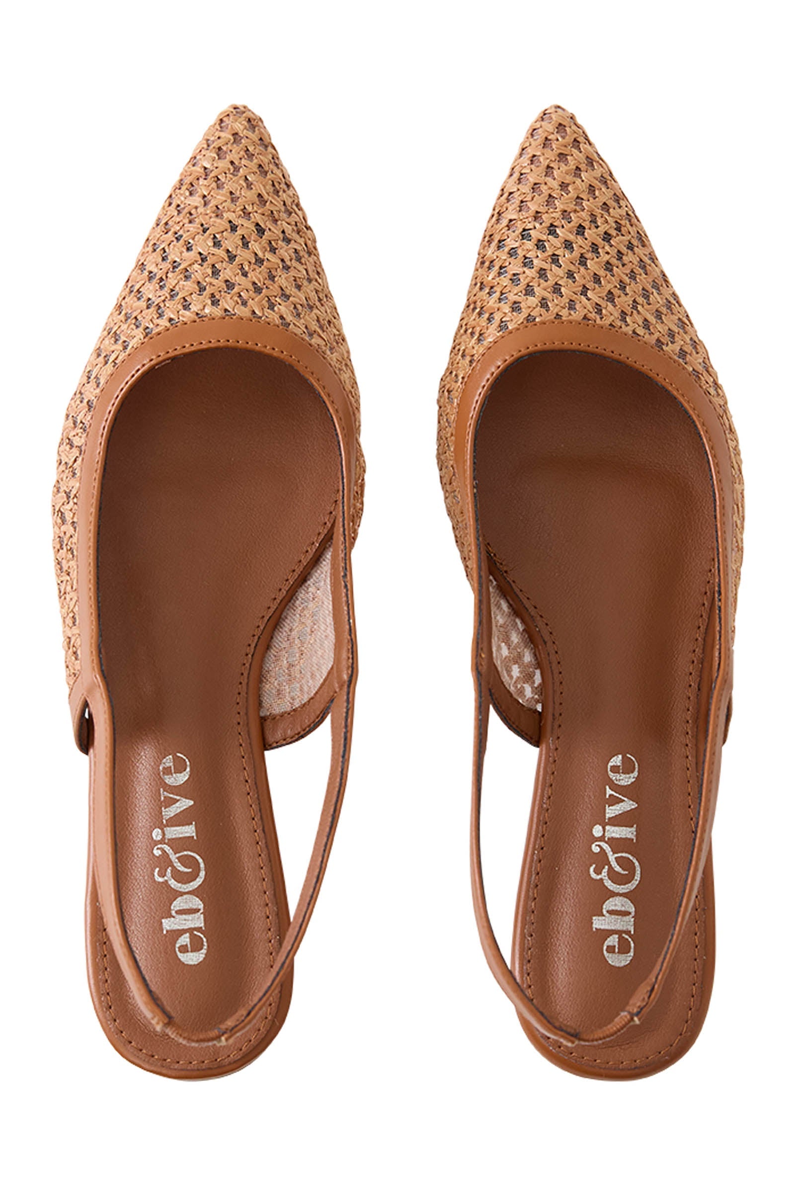 Top view of the caramel woven pointed-toe Alcazar slingbacks