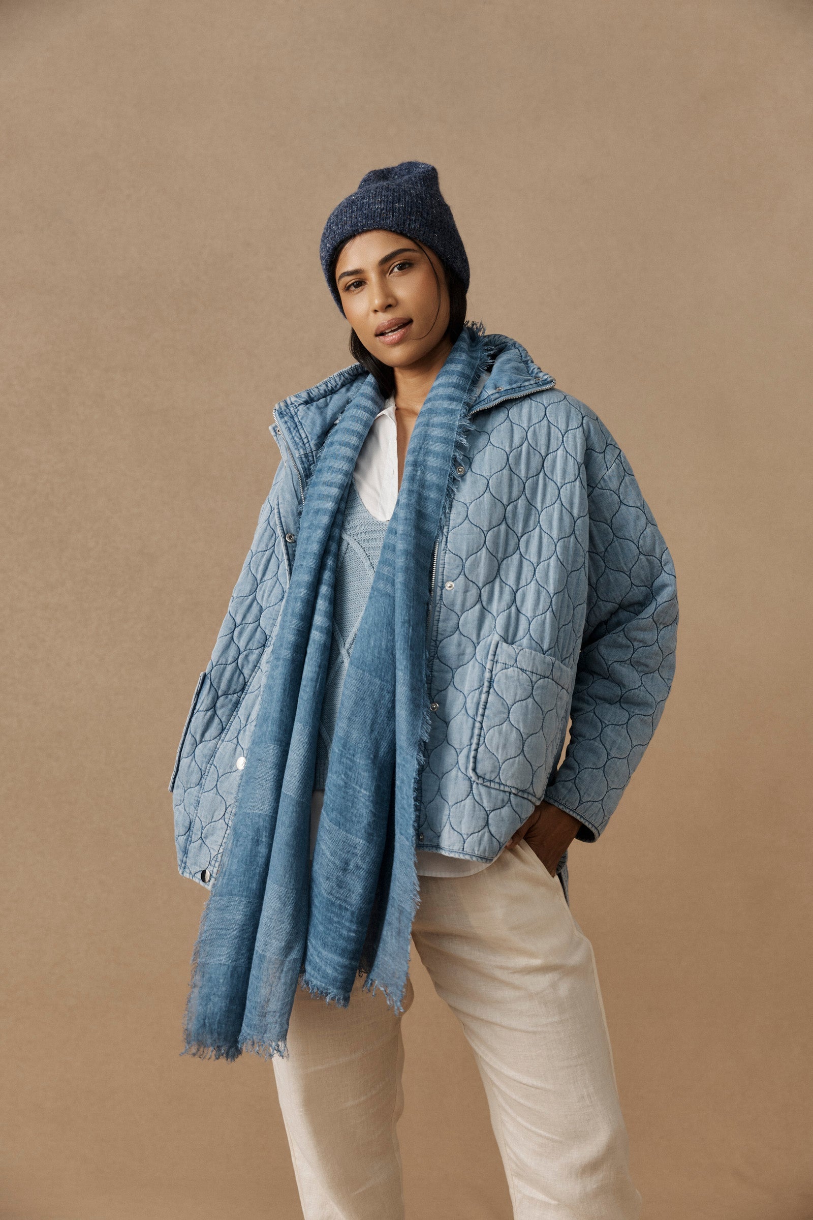 Model wearing the lake scarf with beanie and quilted jacket