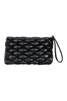 Zala Pouch in Black: puffy quilted clutch with wrist strap