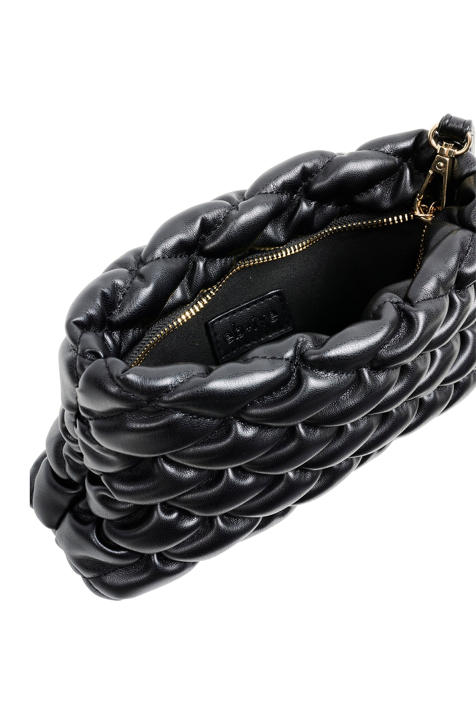 Open black Zala Pouch showing gold zip and dark interior