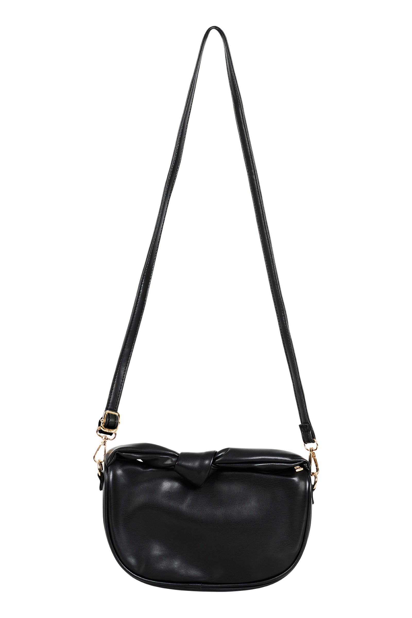 Black Zala Bag hanging by its long crossbody strap