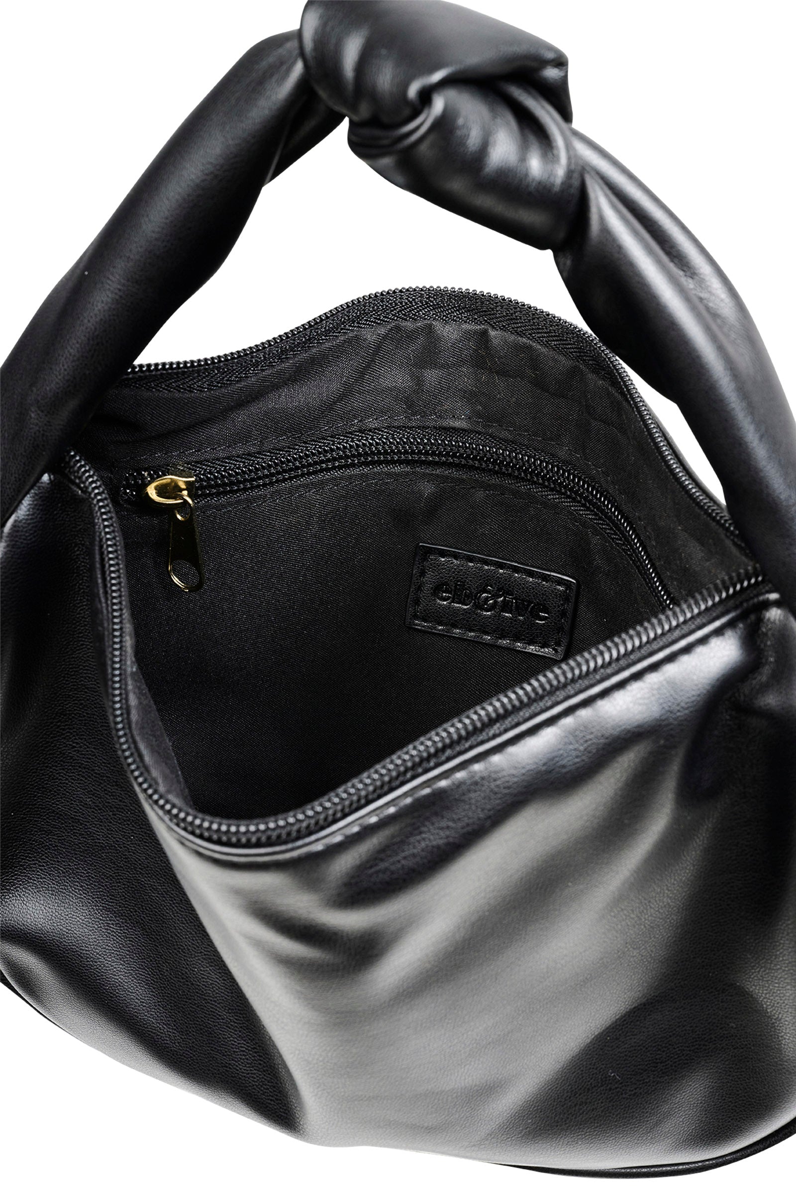 Open black Zala Bag showing the interior zip pocket