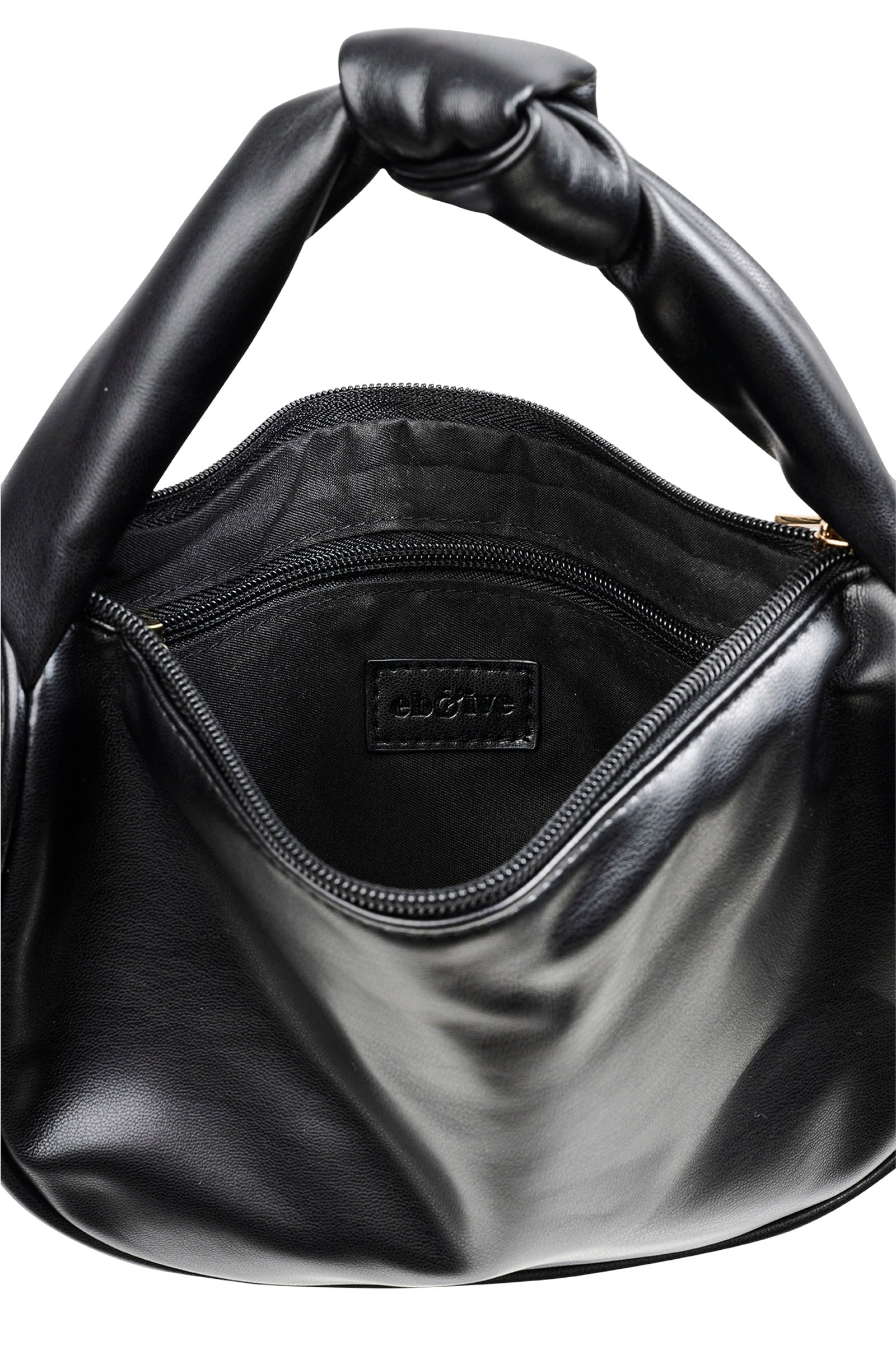 Black Zala Bag held open by its padded knot handle
