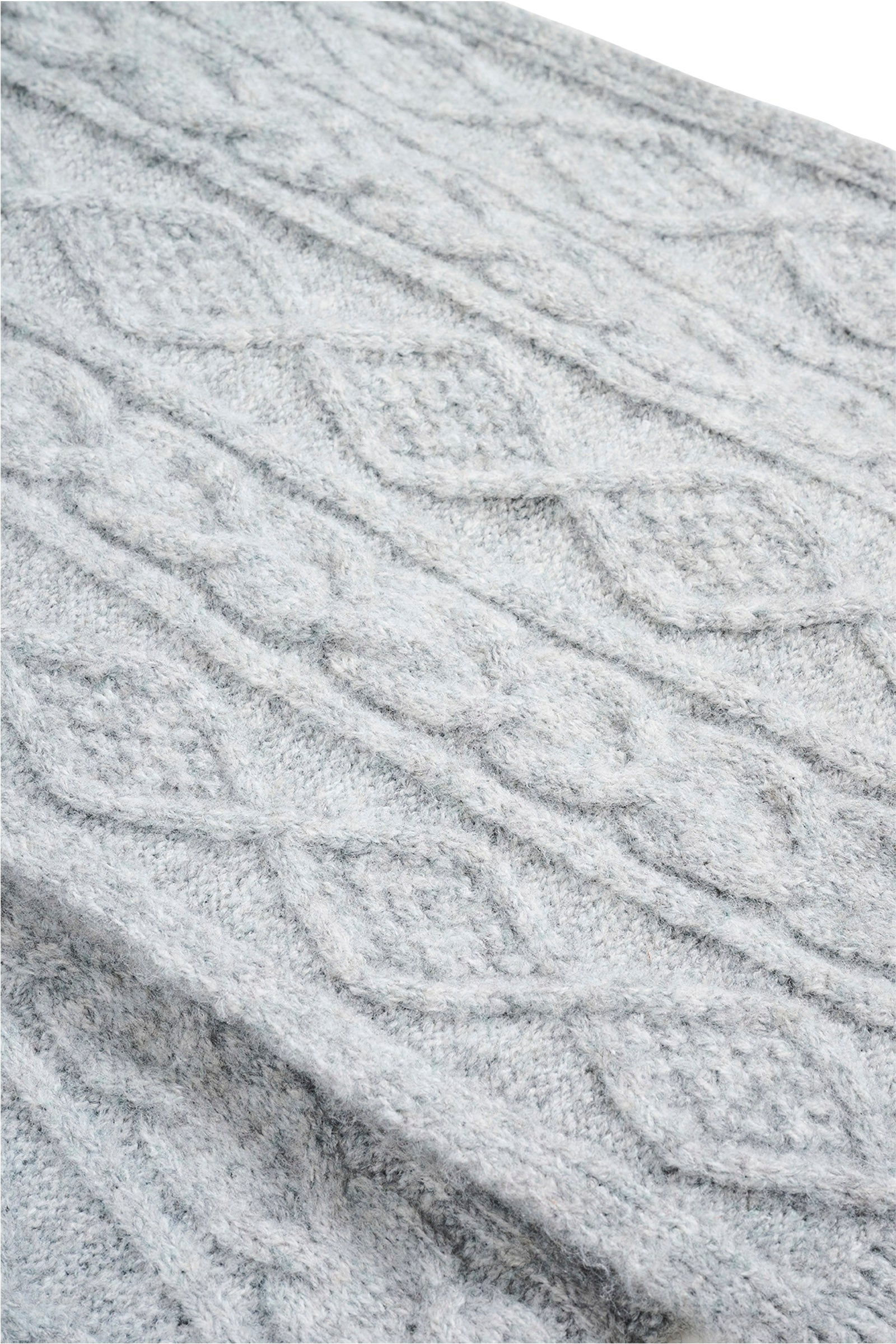 Close-up of the grey marle diamond and cable knit