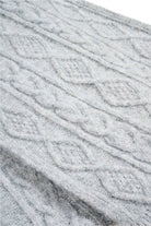 Close-up of the grey marle diamond and cable knit