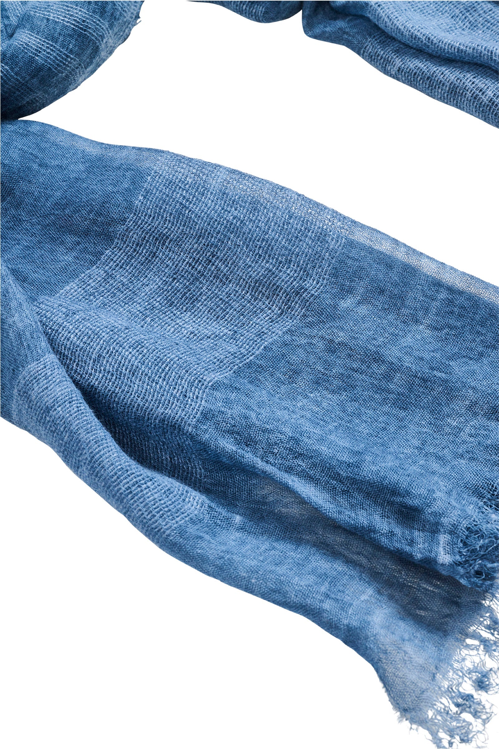 Close-up of the frayed raw edge of the lake blue scarf
