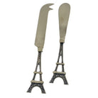 Two silver-tone cheese knives with Eiffel Tower handles, the 27J set