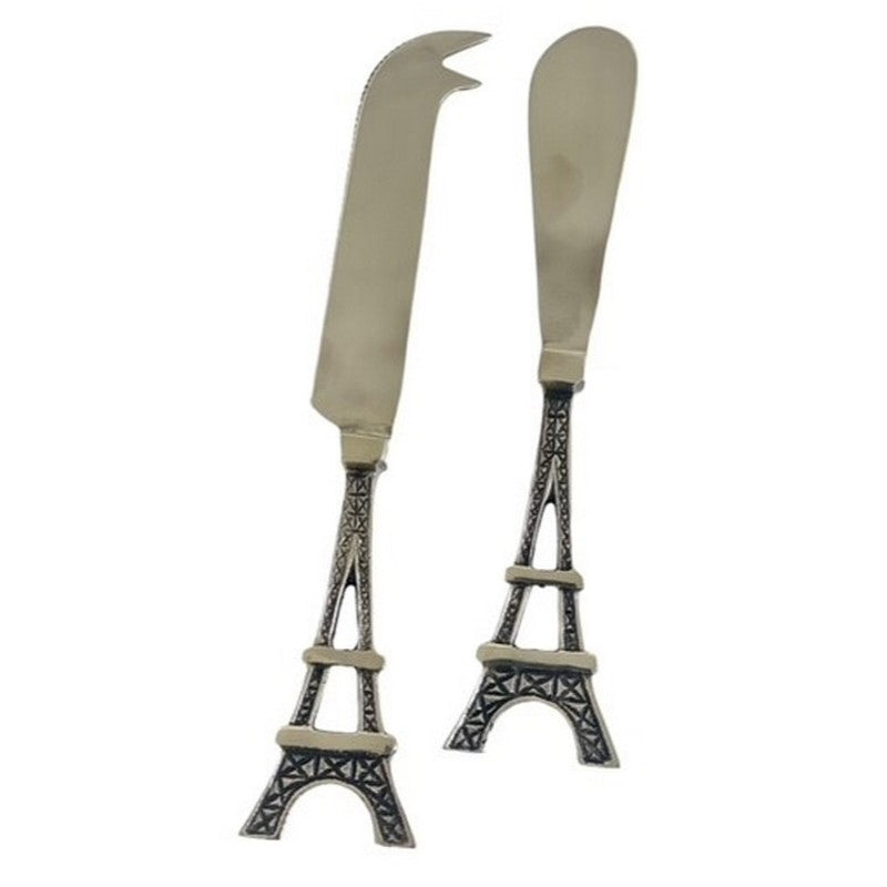 Two silver-tone cheese knives with Eiffel Tower handles, the 27J set
