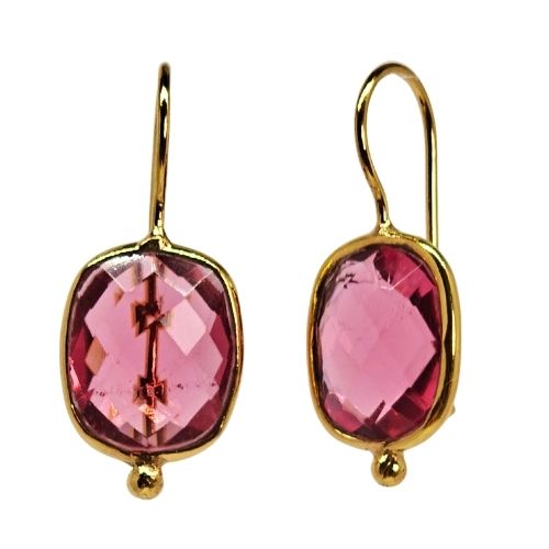 Euro Gold hook earrings with faceted pink cherry quartz gems on gold hooks