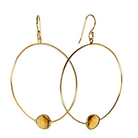 Large Euro Gold hoop earrings with golden citrine gem at the base