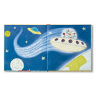 Open spread of a flying saucer crossing a starry night sky