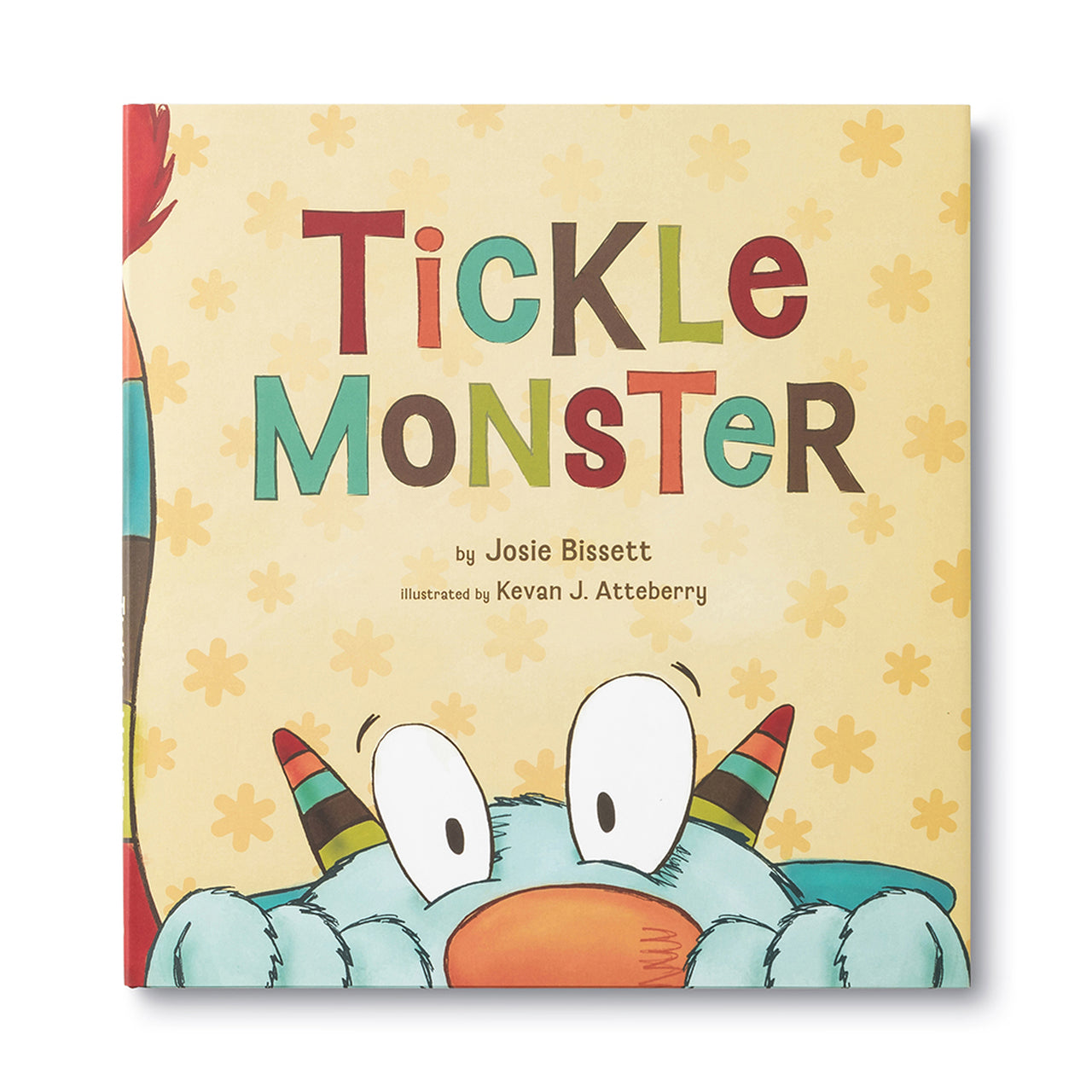 Cover of Tickle Monster showing a big blue monster peeking over the title on pale yellow
