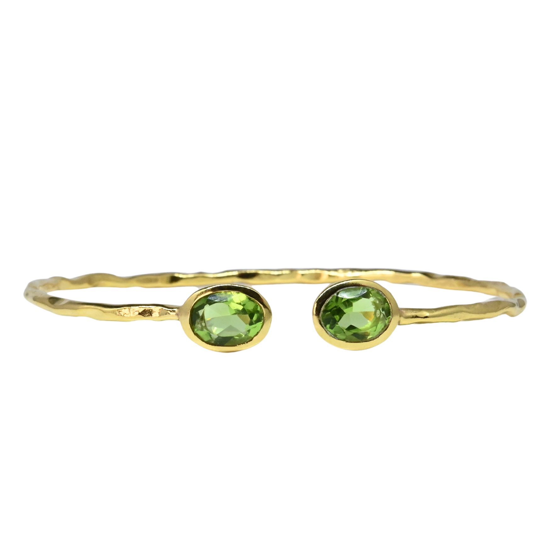 Hammered Euro Gold cuff bangle with two bright peridot-green gems