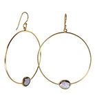 Large Euro Gold hoop earrings with grey and lilac gems at the base