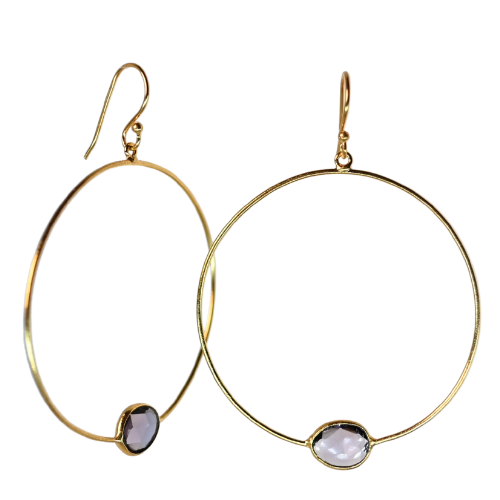 Large Euro Gold hoop earrings with grey and lilac gems at the base