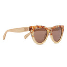 Flutter sunglasses at an angle, showing the pale maple wood arms