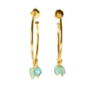 Side view of Euro Gold hoops with aqua gemstone chip drops