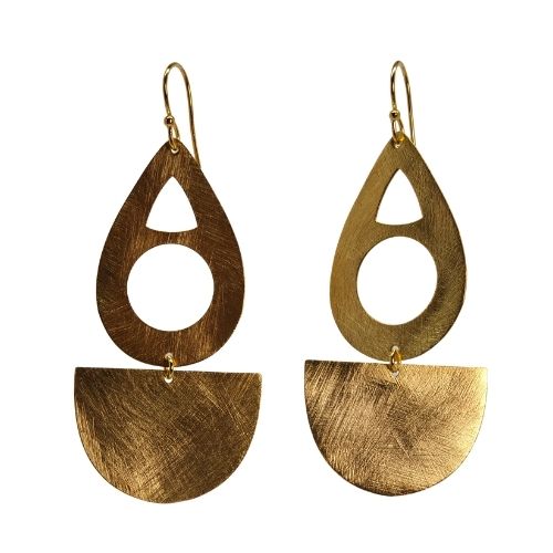 Euro Gold drop earrings with an open teardrop shape over a brushed gold half-disc