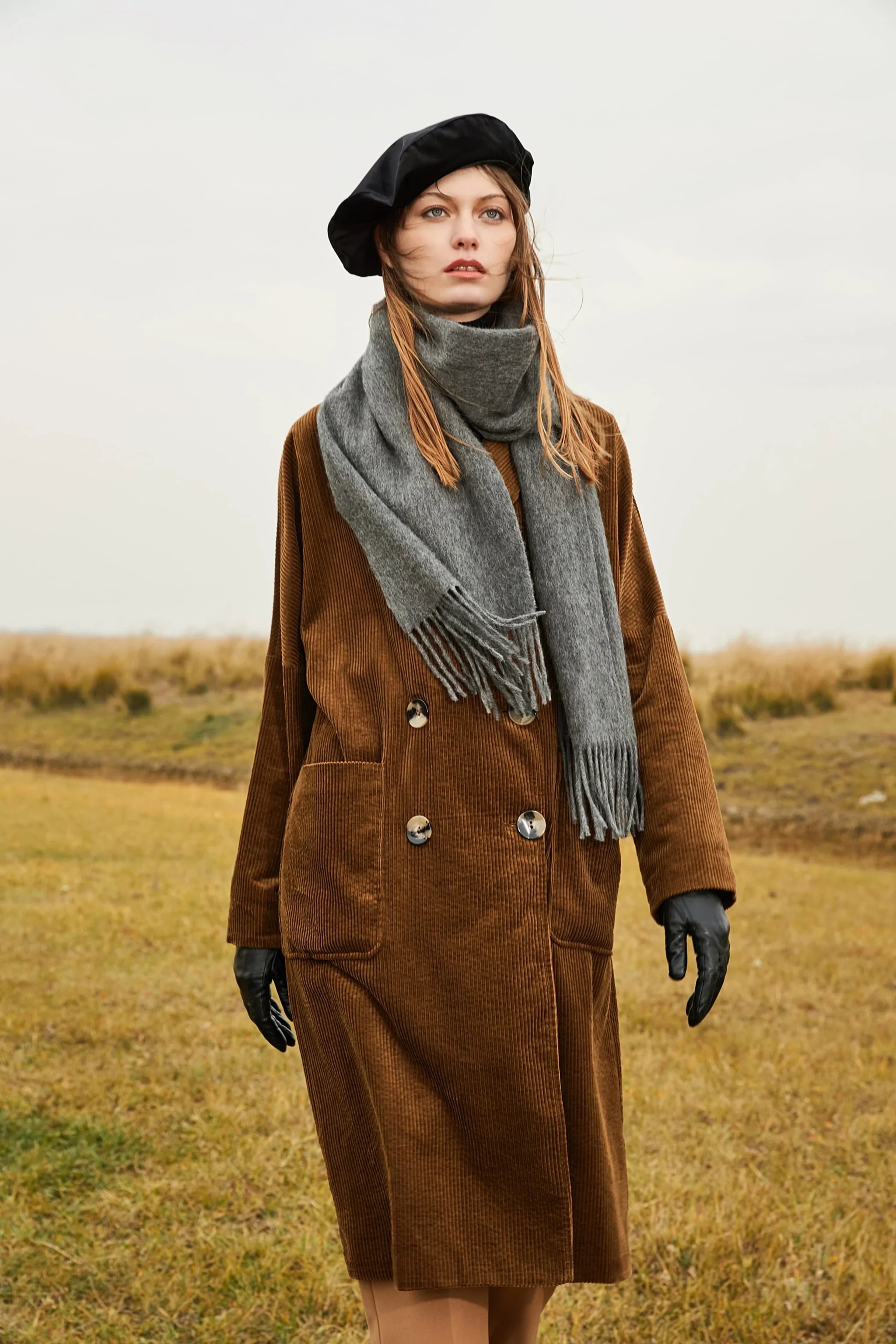Full-length outdoor look with the Light Charcoal scarf and brown coat