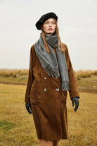 Full-length outdoor look with the Light Charcoal scarf and brown coat