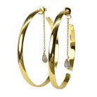 Euro Gold flat hoop earrings with grey labradorite teardrop drops on fine chains