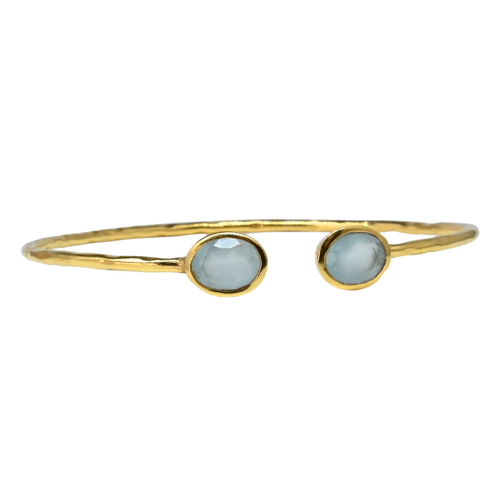 Euro Gold cuff bangle with two aqua chalcedony-style round gems