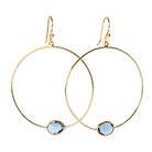 Large Euro Gold hoop earrings with sky-blue topaz gem at the base