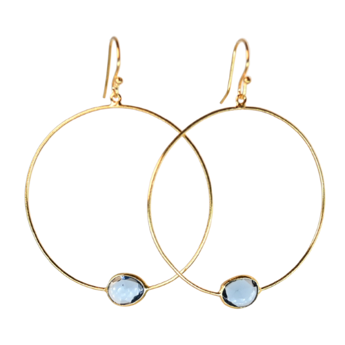 Large Euro Gold hoop earrings with sky-blue topaz gem at the base