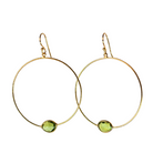 Large Euro Gold hoop earrings with peridot-green gem at the base