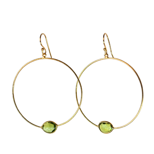 Large Euro Gold hoop earrings with peridot-green gem at the base