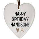 White ceramic heart printed Happy Birthday Handsome with gold heart and kiss, hung on a brown leather cord