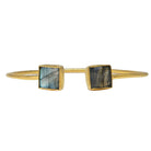 Fine gold cuff bangle with a square blue-grey labradorite at each end