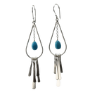 Euro Silver teardrop earrings with a turquoise briolette above a fringe of hammered silver tassels