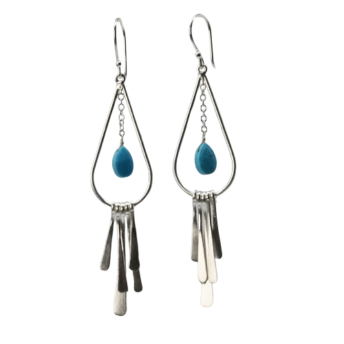 Euro Silver teardrop earrings with a turquoise briolette above a fringe of hammered silver tassels