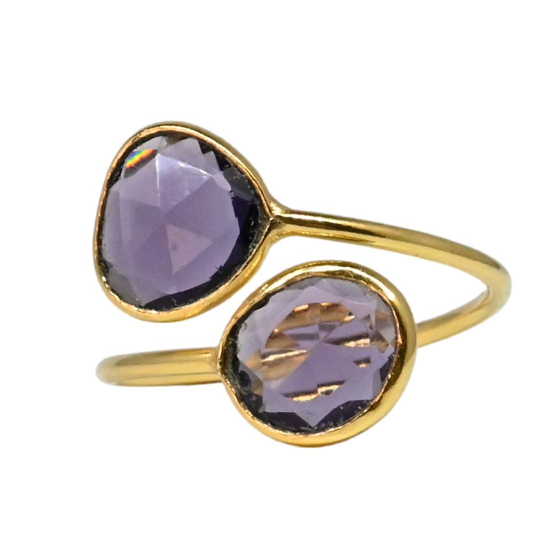 Close view of Euro Gold cuff ring with two amethyst-purple gems